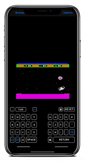 iPhone screen showing Choplifter running in ActiveGS emulator on iOS.