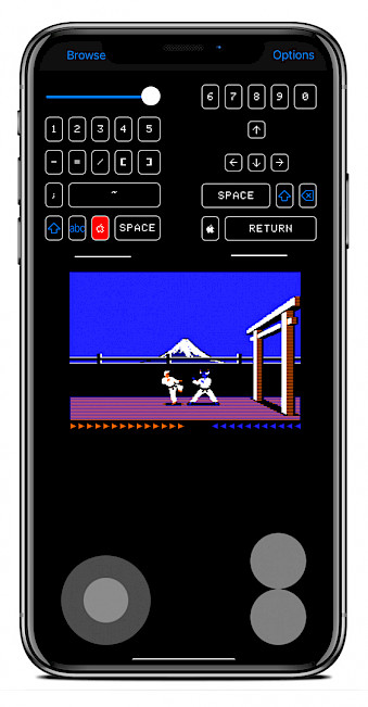 iPhone screen showing Karateka game running in ActiveGS emulator on iOS.