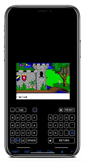 iPhone screen showing King's Quest game running in ActiveGS emulator on iOS.