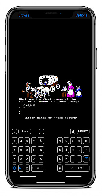 iPhone screen showing Oregon Trail game running in ActiveGS emulator on iOS.