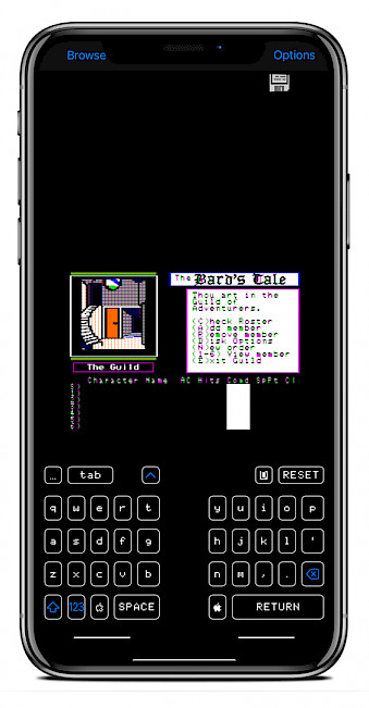 iPhone screen showing The Bird's Tale game running in ActiveGS emulator on iOS.