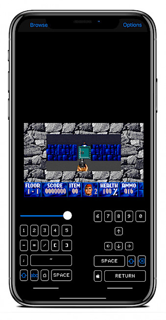 iPhone screen showing Wolfenstein 3D running in ActiveGS emulator on iOS.