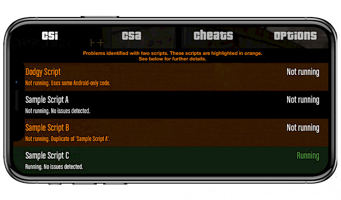 iPhone screen showing Cleo for iOS mod loader CSI script.