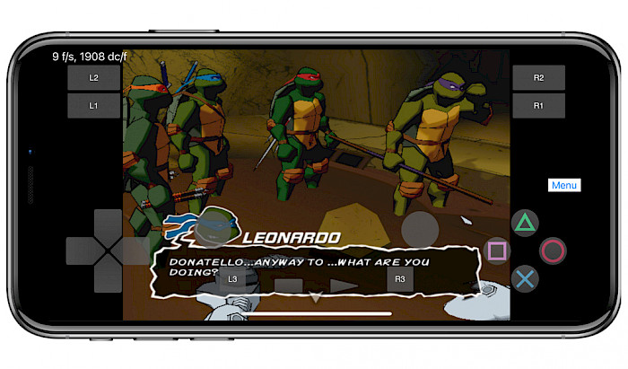 Screen of iPhone running PlayStation 2 game in Play! emulator.