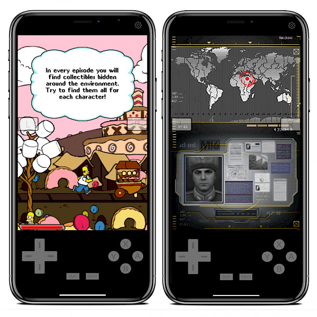 Two iPhone screens showing the iNDS emulator running games on iOS 15.