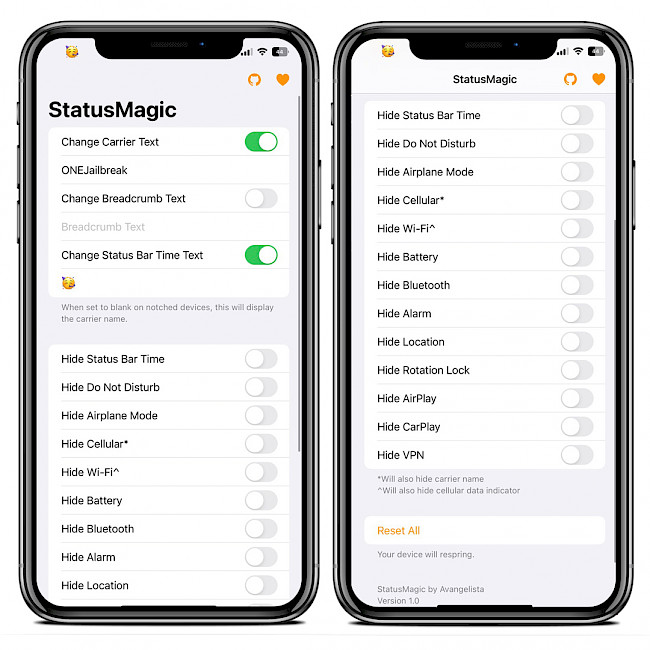 Two iPhone screens showing StatusMagic app interface running on iOS 15.