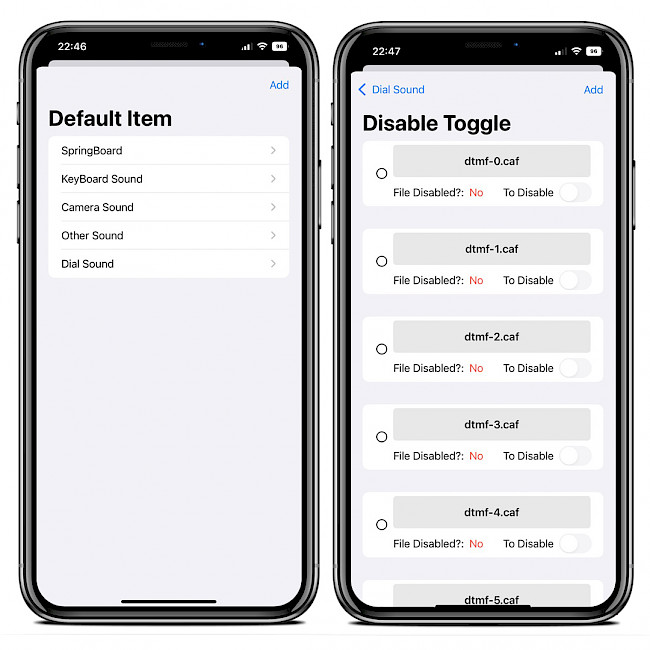 Two iPhone screens showing default items in FileSwitcherPro.
