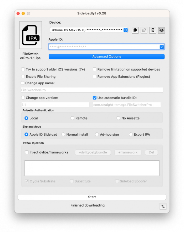 Screenshot of configuration options for installing FileSwitcherPro IPA with Sideloadly.