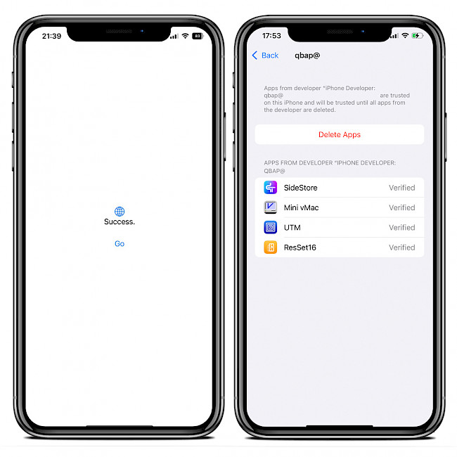 Two iPhone screens showing WDBRemoveThreeAppLimit app and 3 app limit fix on iOS.