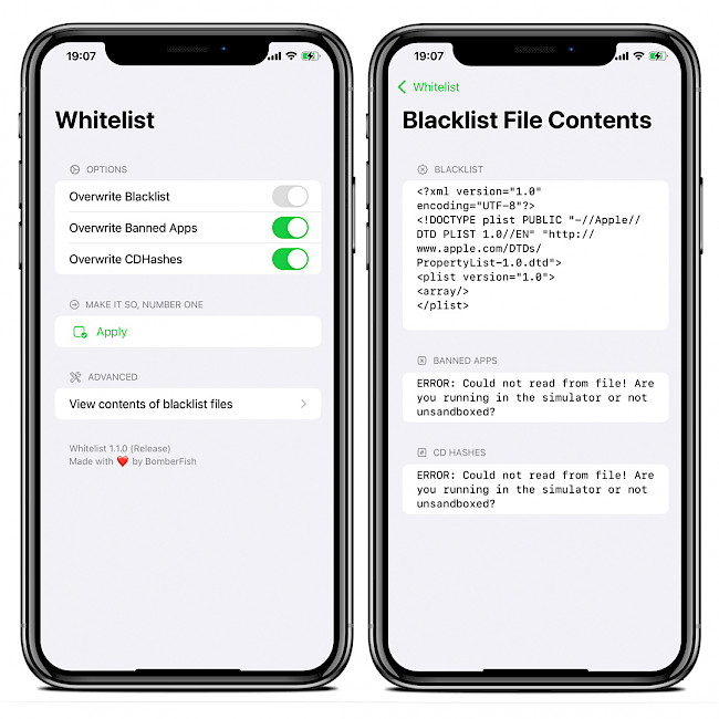 Two iPhone screens showing the Whitelist app running on iOS 15.