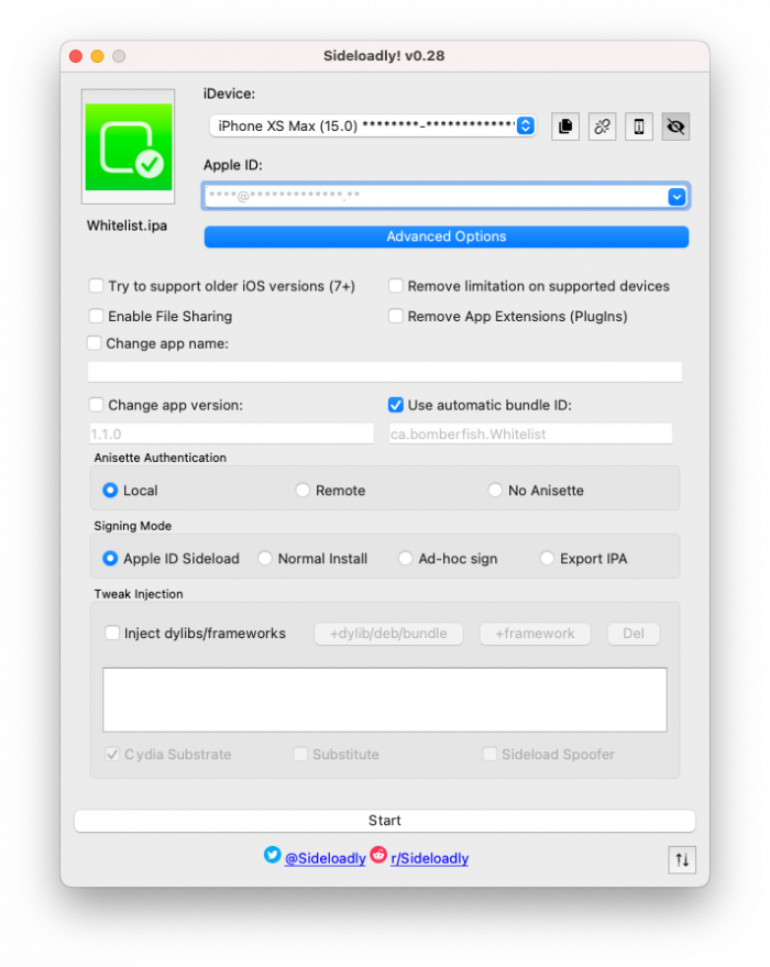 Screenshot of Sideloadly Options to install Whitelist IPA on iOS.