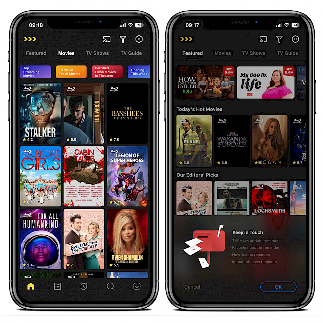 Δύο οθόνες iPhone που δείχνουν τη διεπαφή εφαρμογής MovieBoxPro για iOS.