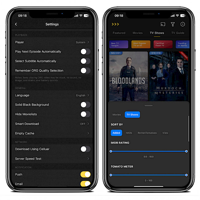 Δύο οθόνες iPhone που δείχνουν τις ρυθμίσεις του MovieBoxPro και την ταξινόμηση τίτλου.