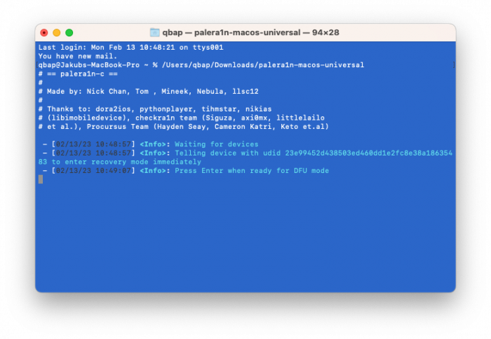 Screenshot of Palera1n-C app running in Terminal on macOS.