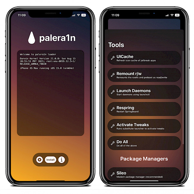 Two iPhone screens showing Palera1n Loader app on iOS 15.