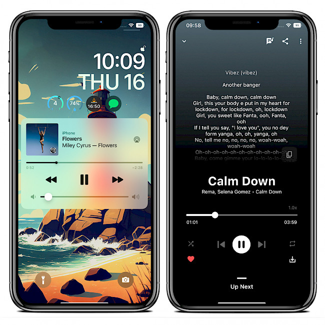 Two iPhone screens showing BlackHole player on Lock Screen and lyrics in BlackHole Music Player.