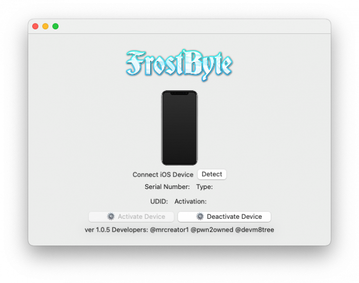 Screenshot des FrostByte iCloud Bypass Tools für iOS 15 und iOS 16.