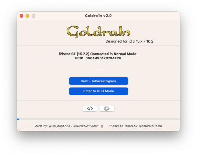 Screenshot of Goldra1n tethered iCloud Bypass for iOS 15 – iOS 16.