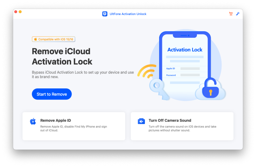 Screenshot des UltFone-Aktivierungs-Entsperrungstools zum Entfernen der iCloud-Aktivierungssperre.
