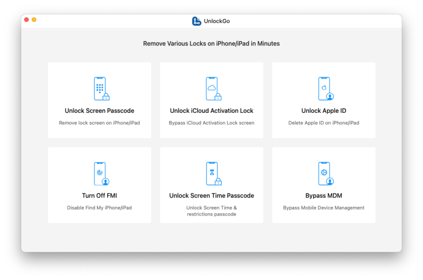 Screenshot des UnlockGo-Tools zum Umgehen des iCloud-Aktivierungssperrbildschirms.