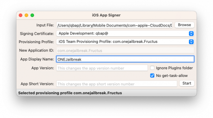 Στιγμιότυπο οθόνης της εφαρμογής iOS App Signer που εκτελείται σε macOS.
