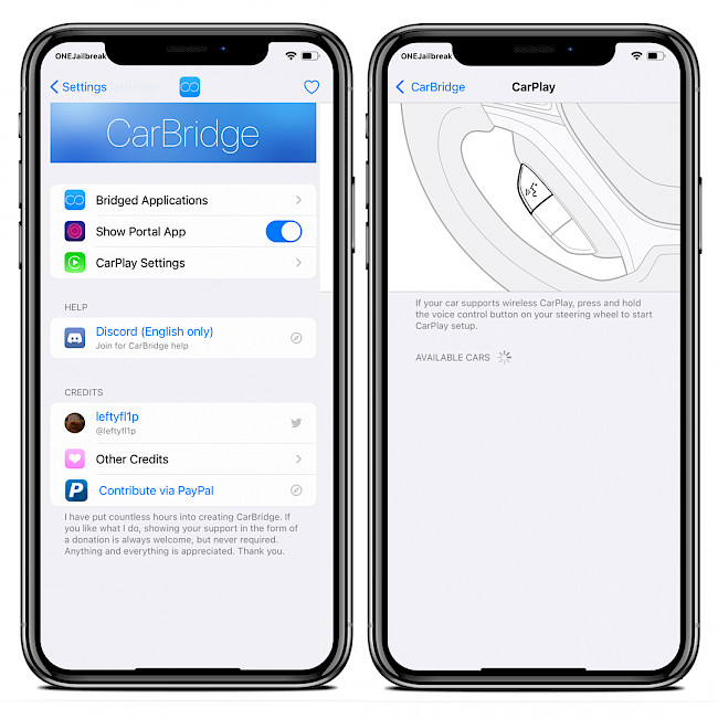 Two iPhone screens showing the CarBridge tweak preference pane in Settings app.