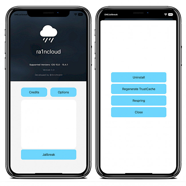 Δύο οθόνες iPhone που δείχνουν τη διεπαφή εφαρμογής Ra1nCloud Jailbreak στο iOS 15.