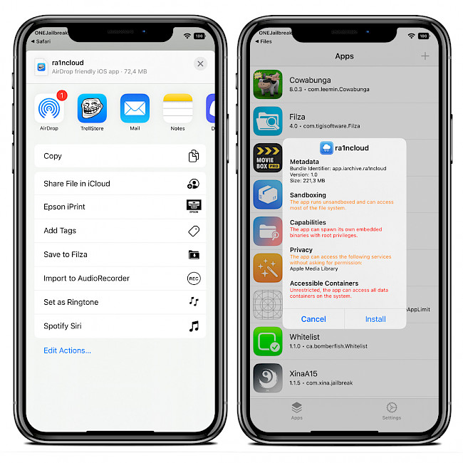 Δύο οθόνες iPhone που δείχνουν τη διαδικασία εγκατάστασης του Ra1nCloud IPA με το TrollStore.