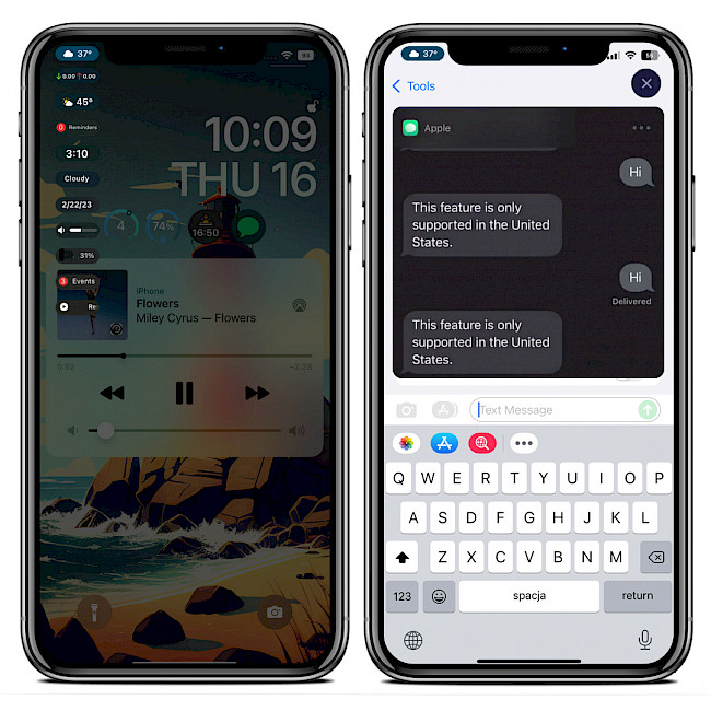 Two iPhone screens showing Emerald tweak on Lock Screen and Messages pill.
