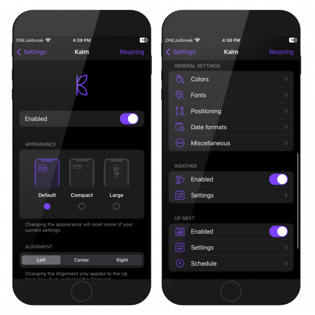 Two iPhone screens showing Kalm tweak settings on iOS 14.