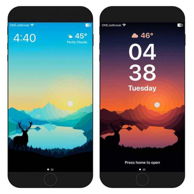 Two iPhone screens showing two Kalm tweak Lock Screen styles.