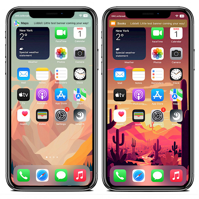 Two iPhone screens showing example Liddell tweak notification banners.