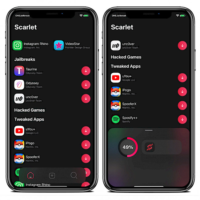 Two iPhone screens showing Scarlet app on iOS 15.