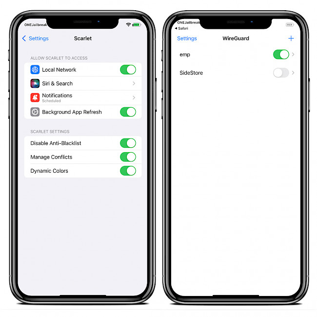 Two iPhone screens showing Scarlet settings and WireGuard configuration.