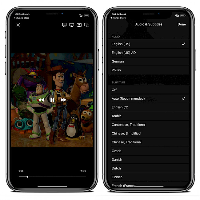 Two iPhone screens showing the Atlas tweak Player on iOS 15.