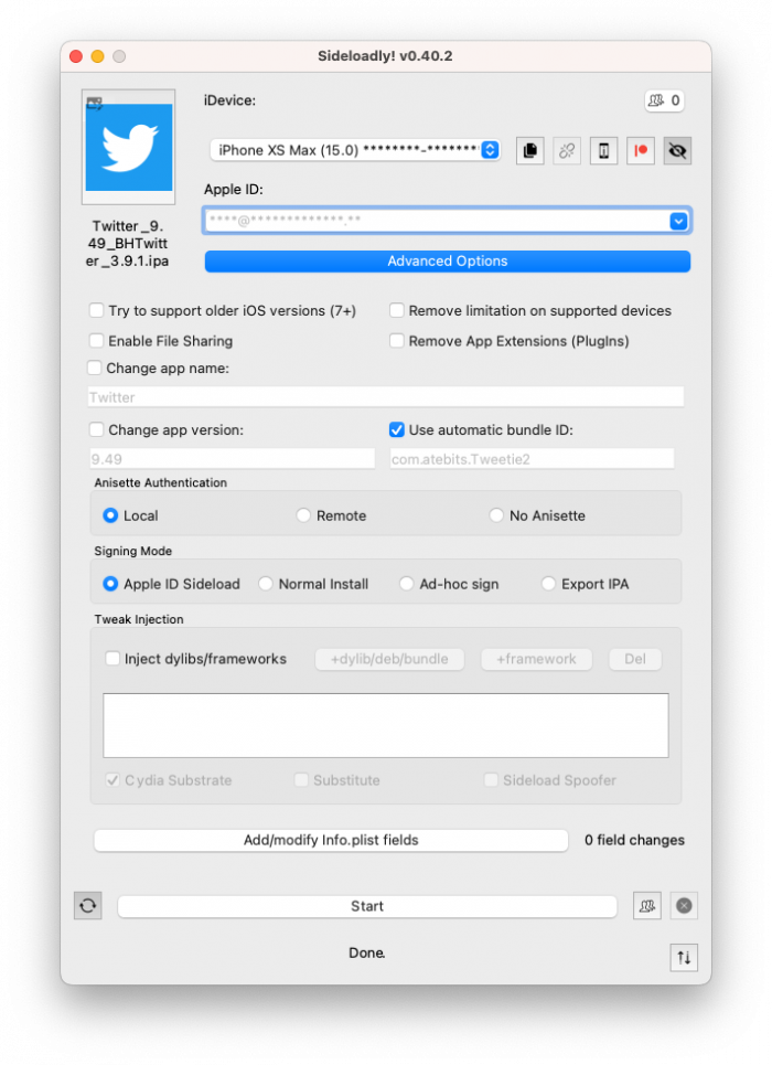 Screenshot of BHTwitter IPA installation with Sideloadly.