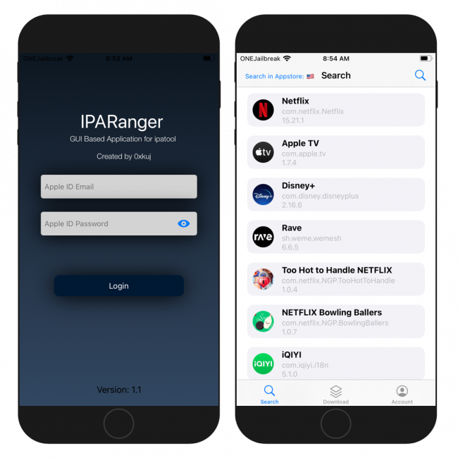 Δύο οθόνες iPhone που δείχνουν την εφαρμογή IPA Ranger για iOS.