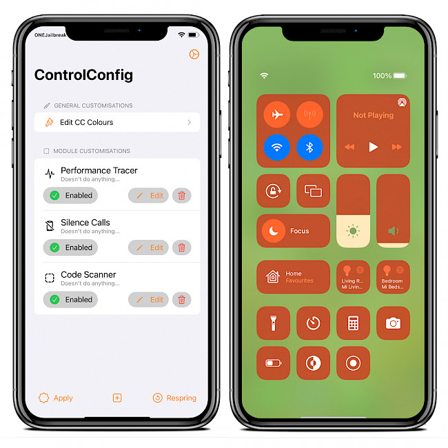 Two iPhone screens showing ControlConfig app running on iOS 15.