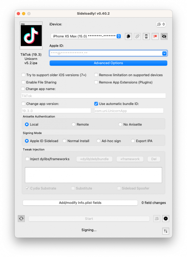 Screenshot of TikTok Unicorn IPA installed both Sideloadly.