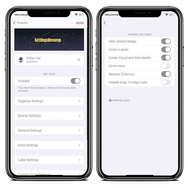 Two iPhone screens showing SettingsRevamp tweak preferences pane.