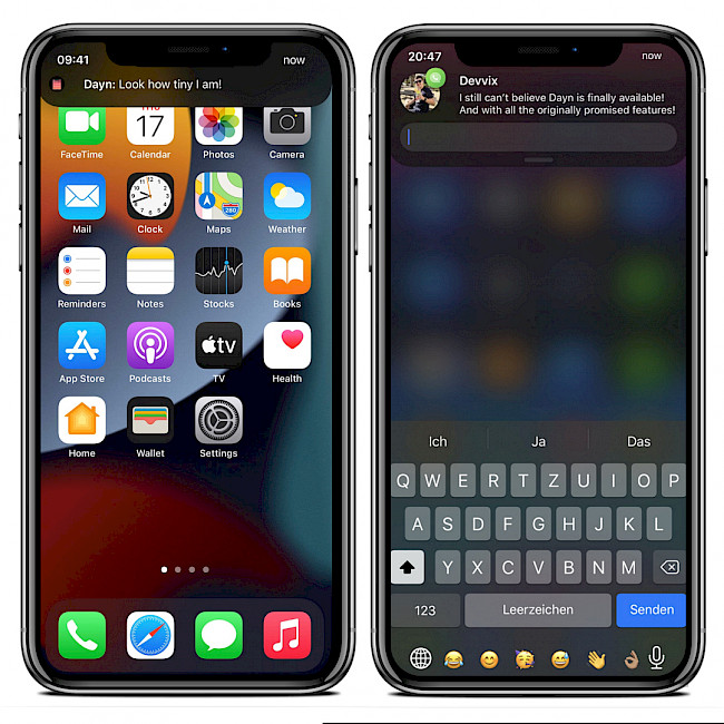 Two iPhone screens showing Dayn tweak notification banners on iOS.