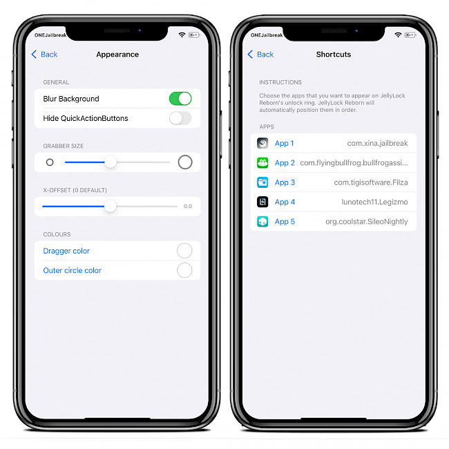 Two iPhone screens showing JellyLock Reborn preference pane on iOS 15.