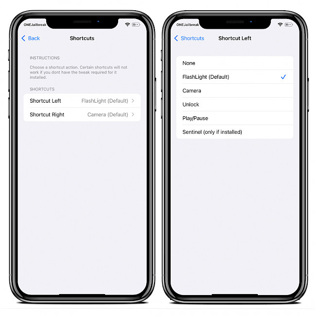 Two iPhone screens showing JellyLock Reborn for iOS shortcuts options.