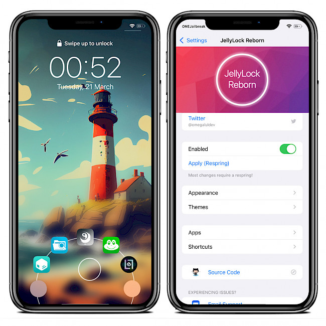 Two iPhone screens showing JellyLock Reborn tweak on iOS 15.