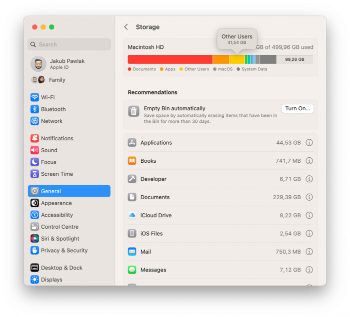 Screenshot of macOS storage.