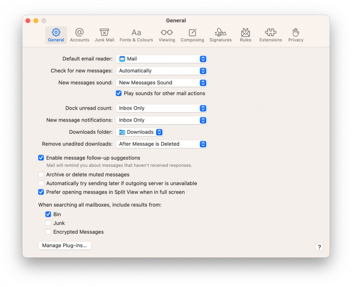 Screenshot of Mail app Settings on macOS.