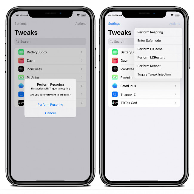Two iPhone screens showing TweakSettings actions.