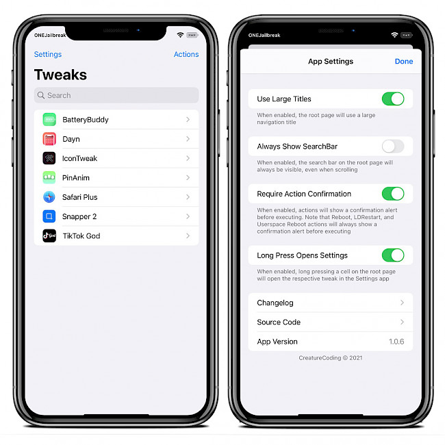Two iPhone screens showing TweakSettings settings app for jailbreak tweaks.