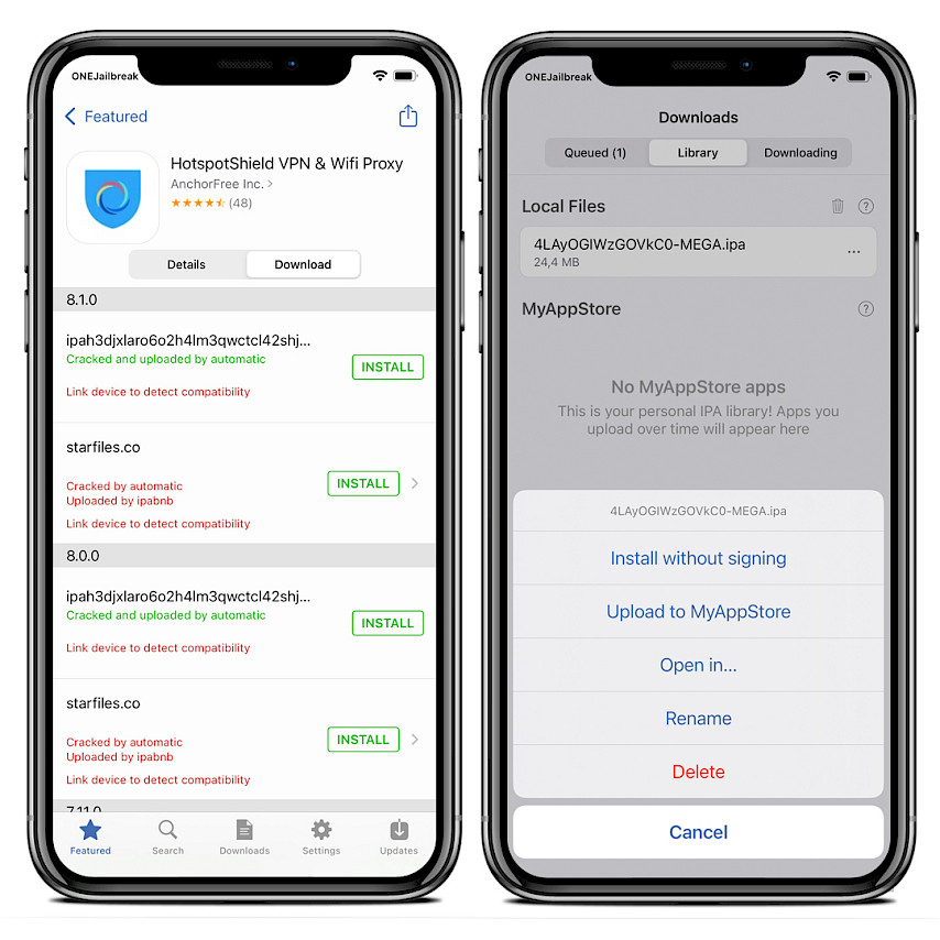 To iPhone-skærme, der viser Appdb til iOS IPA-installationsmuligheder.