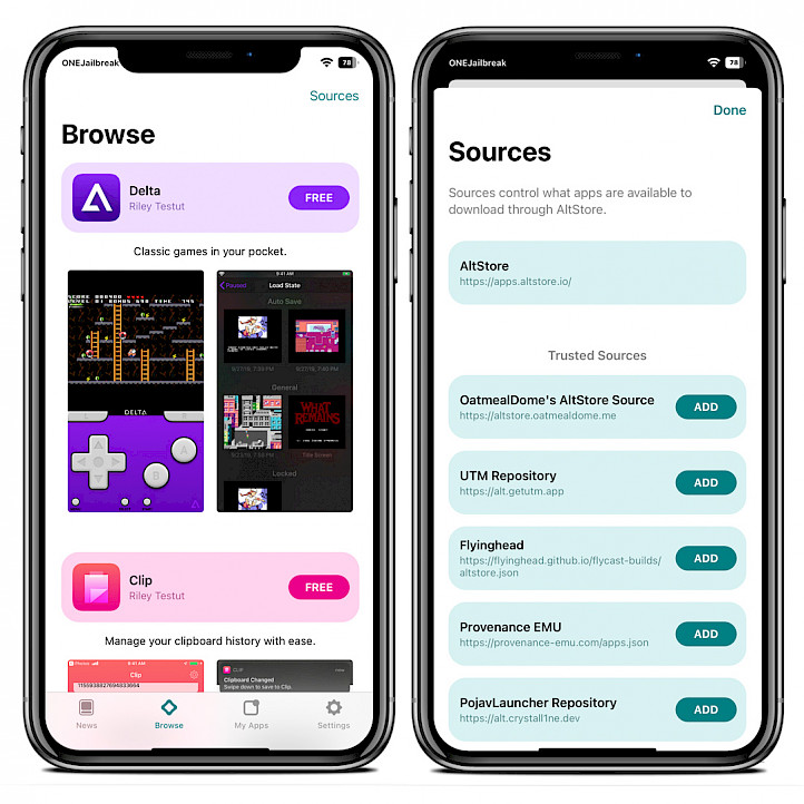 Two iPhone screens showing AltSotre Sources.